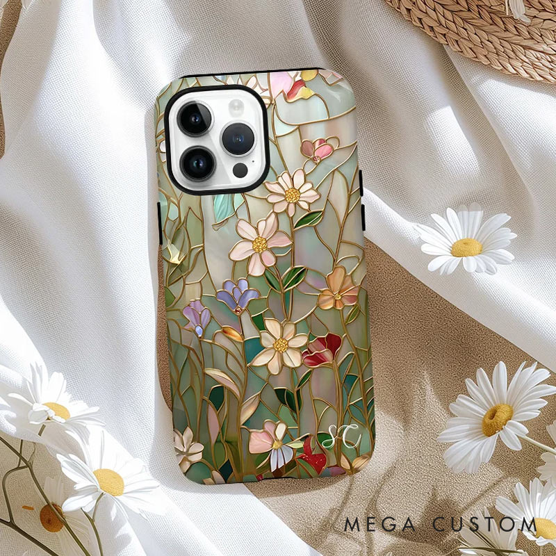 Personalized Floral Stained Glass Phone Case with Initial for iPhone Gift for Gardening Lovers 
