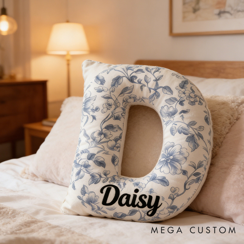 Personalized Blue Floral Pattern Initial Pillow with Custom Name Graphic 3D Print Pillow for Gardening Lovers