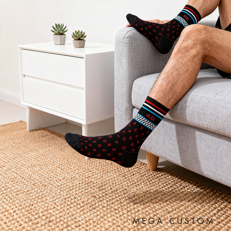 Personalized Checkered Flag Custom Name Socks Personalized Monogram Racing Style Blue and Red Pattern Socks Gift for Car Lovers