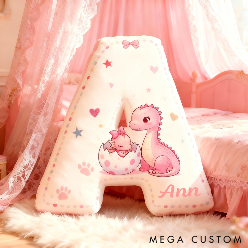 Personalized Graphic 3D 26 Letters Pink Dinosaur Family Pillow Special Family Gift with Custom Name Design