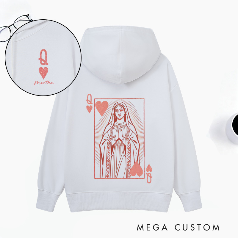 Personalized Virgin Mary Classic Queen of Hearts Hoodies with Custom Name Funny Valentines Day Sweatshirt Valentine Day Gift for Her
