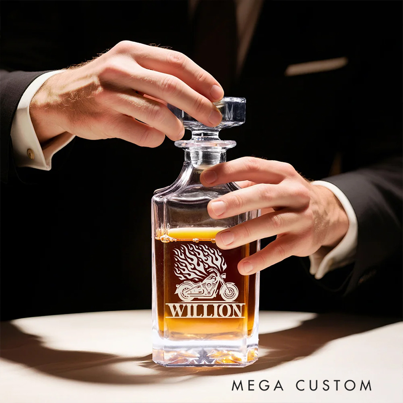 Personalized Motorcycle Gifts Custom Engraved Whiskey Decanter and Glass Set with Name Wooden Box for Biker and Whiskey Lovers