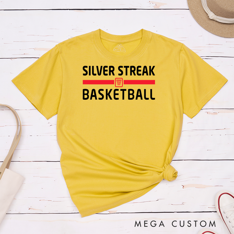 Personalized Basketball Team T-Shirts with Customizable Team Name, Bold Typography, Hoop Graphic, and a Variety of Color Options
