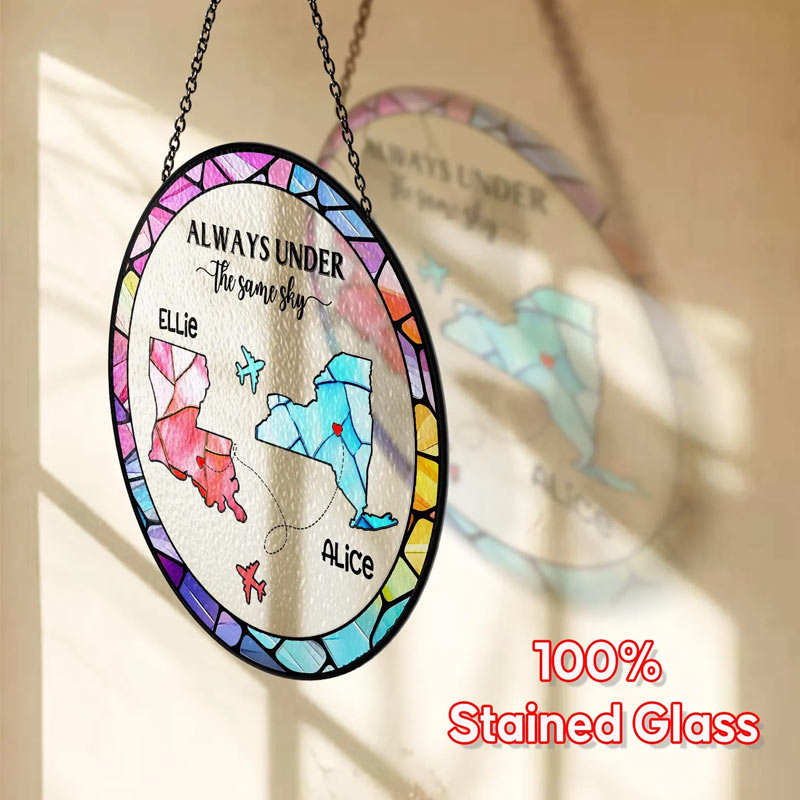 Personalized Long Distance Friendship Stained Glass Suncatcher Two Countries Ornament for Traveling Lovers 