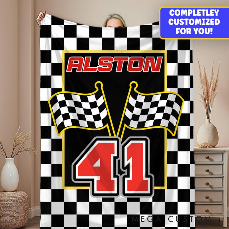 Personalized Racing Gifts Custom Name and Number Blanket with Checkerboard Flag Design Black and White Throw for Racing and Car Lovers