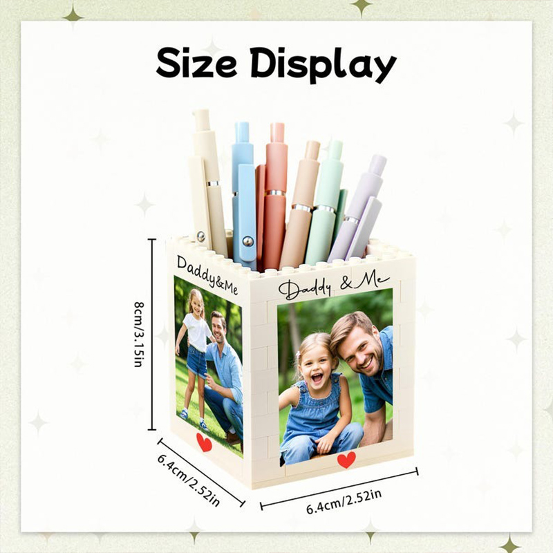 Personalised Daddy & Me Brick Photo Block Pencil Pot Brick-Inspired Organizer Customized Photo Block Pencil Holder Gifts for Dad Kids Children Student