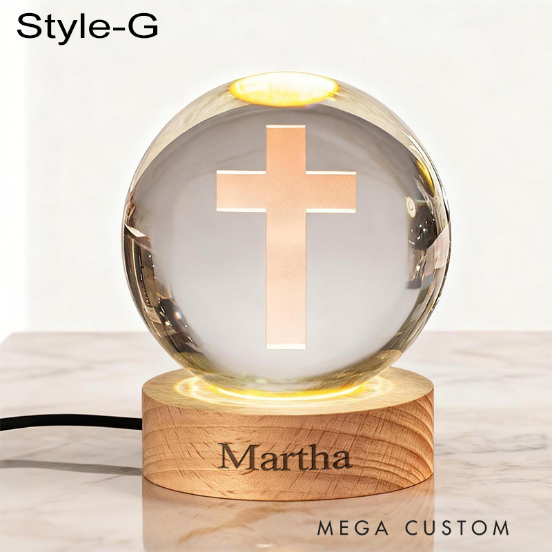 Personalized Cross 3D Engraved Crystal Ball Night Light With Custom Text in Wooden Base Home Decor Jesus Night Lamp Religious Gift Christmas Gift