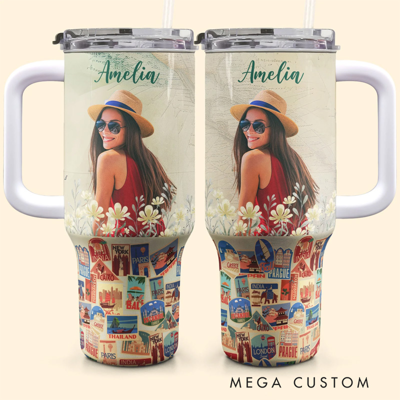 Personalized Photo Travel Tumbler Photo 40oz Tumbler With Straw and Name for Traveling Lover