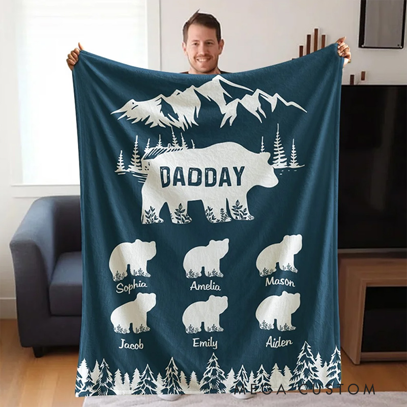 Personalized Papa Bear Blanket with Kids' Names Family Flannel Fleece Blanket Housewarming Decor Birthday Father's Day Gift for Dad Grandpa Him