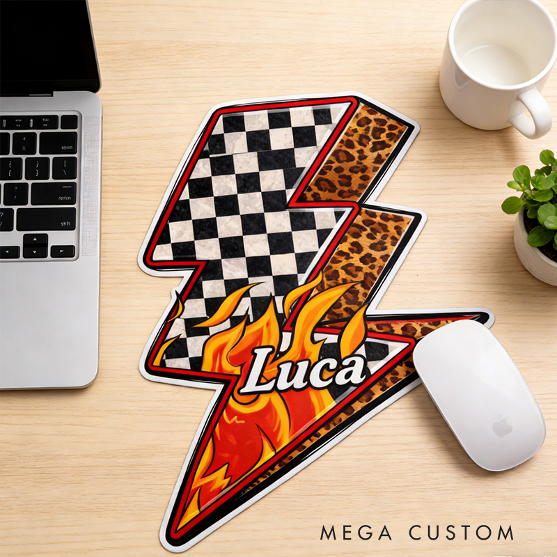 Personalized Racing Gifts Custom Name Lightning Shaped Mouse Pad with Checkerboard and Flame Design for Car Lovers