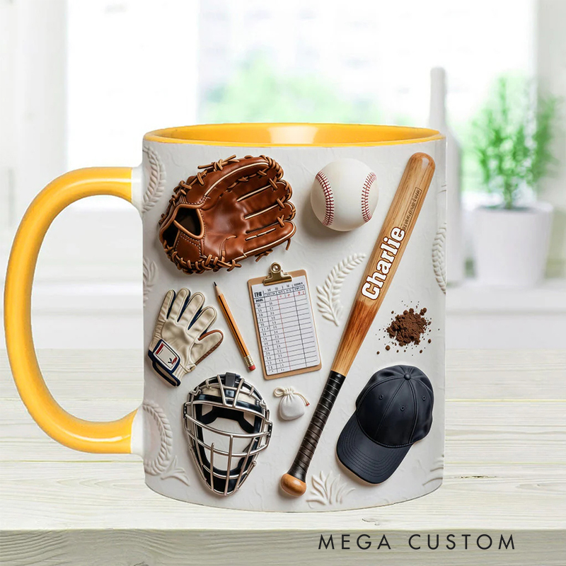 Personalized Baseball Mug with Custom Name and Sports Gear Artwork for Coaches and Baseball Fans