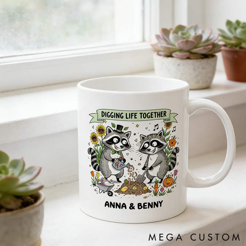 Personalized Raccoon Couple Gardening Mug with Names Cute Animal Love Illustration Custom Romantic Mug Valentine’s Day Gift