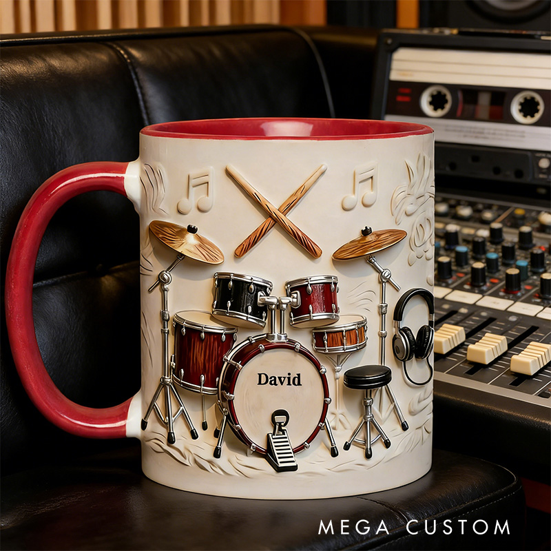 Personalized 2D Flat Name Awsome Drumer Accent Mug Custom Drum Themed Mug for Music Lovers