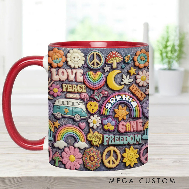 Personalized 2D Flat Hippie Living In Peace Mug Custom Name Colorful Hippie Car Hippie Coffee Mug Bohemian Coffee Mug