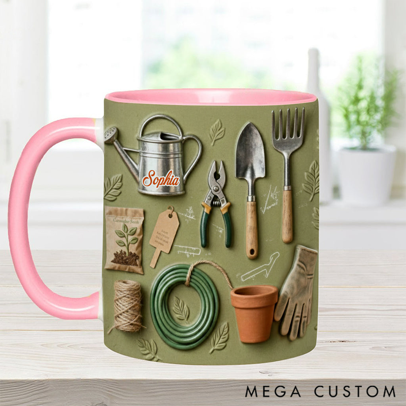 Personalized Gardening Accent Mug Adorned with 3D Tool Embellishments Custom Name Engraved Mug for Avid Garden Lovers