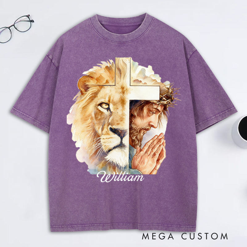 Personalized Man of God Lion of Judah Washed T-Shirt with Custom Name Jesus Tee Religious Gift Christian Gift for Men