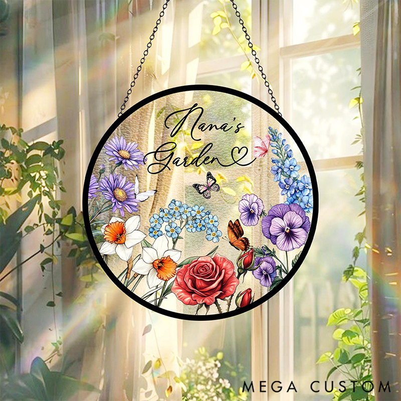Personalized Family Birth Flowers Glass Suncatcher Home Decor with Name for Gardening Lovers Mother's Day Gift