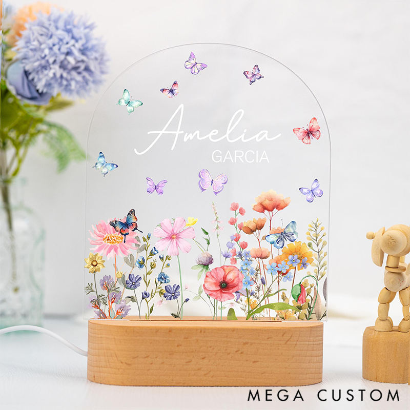 Personalized Custom Floral Butterfly Name Night Light with Name LED Light Gardening Lover Gift Garden Gift