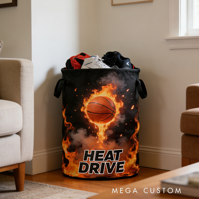 Personalized Flaming Basketball Storage Basket with Custom Text for Basketball Fans