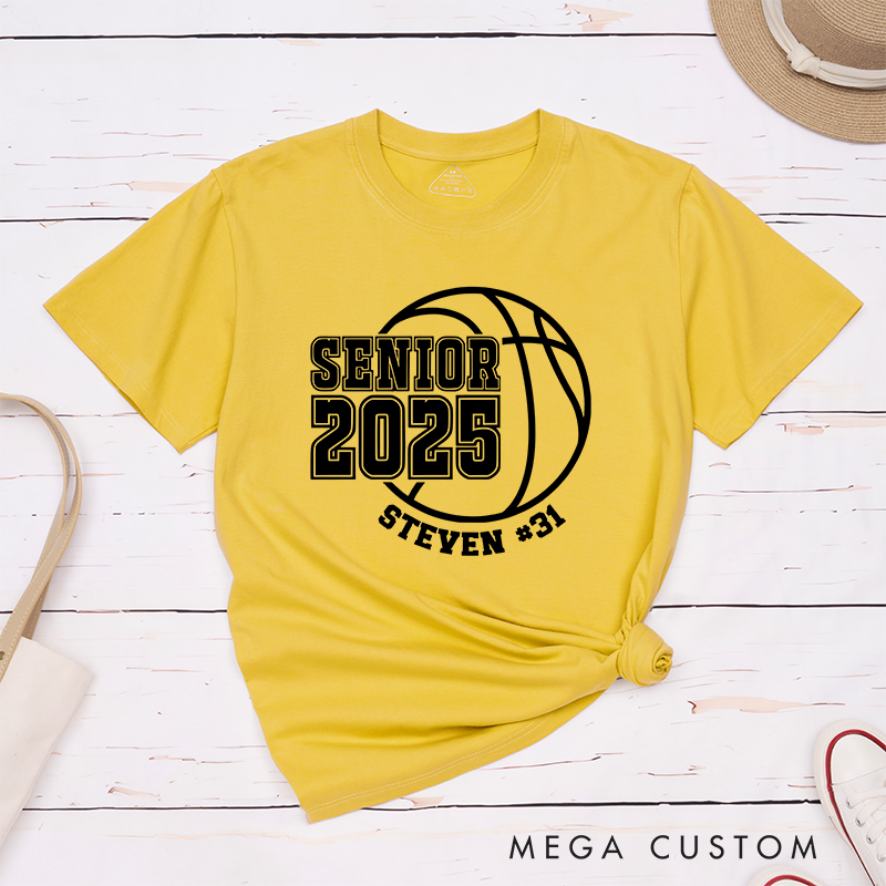 Personalized Senior 2025 Basketball T-Shirt with Custom Name and Jersey Number Featuring a Classic Basketball Graphic for a Trendy School Spirit Look