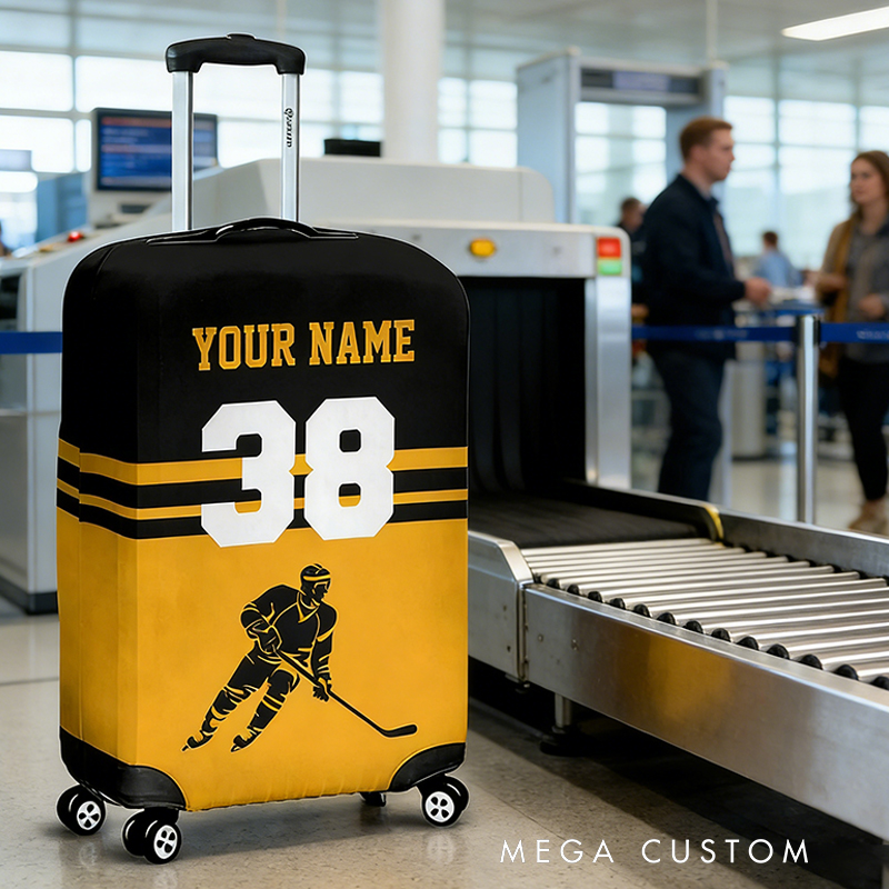 Personalized Hockey Luggage Cover with Custom Name Number and Colors for traveling and Hockey Lovers