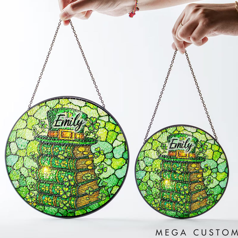 Personalized Lucky Leprechaun Hat Stained Glass Suncatcher Clover Books Decor for Reading Lovers 