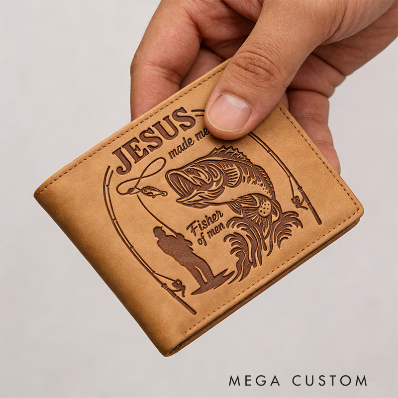 Personalized Jesus Made Me A Fisher of Men Leather Bifold Wallet with Custom Name Christian Fishing Multi Pocket Wallet Religious Gift for Men Dad