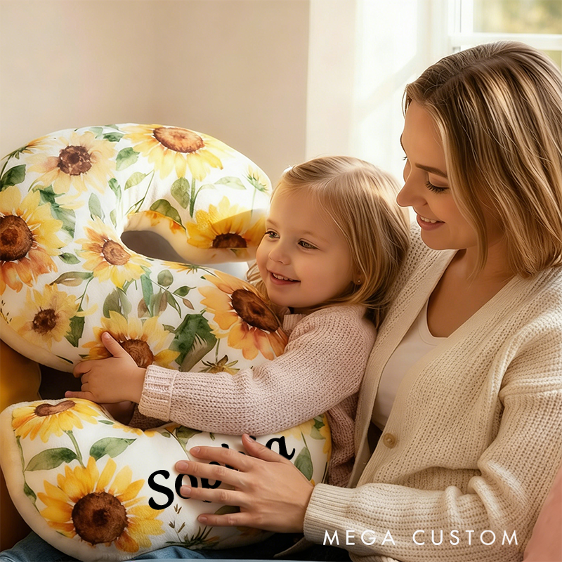 Personalized Letter Pillow Graphic 3D Print Watercolor Sunflower Floral Custom Name Pillow Gift for Kids Gardening Lovers Gift 
