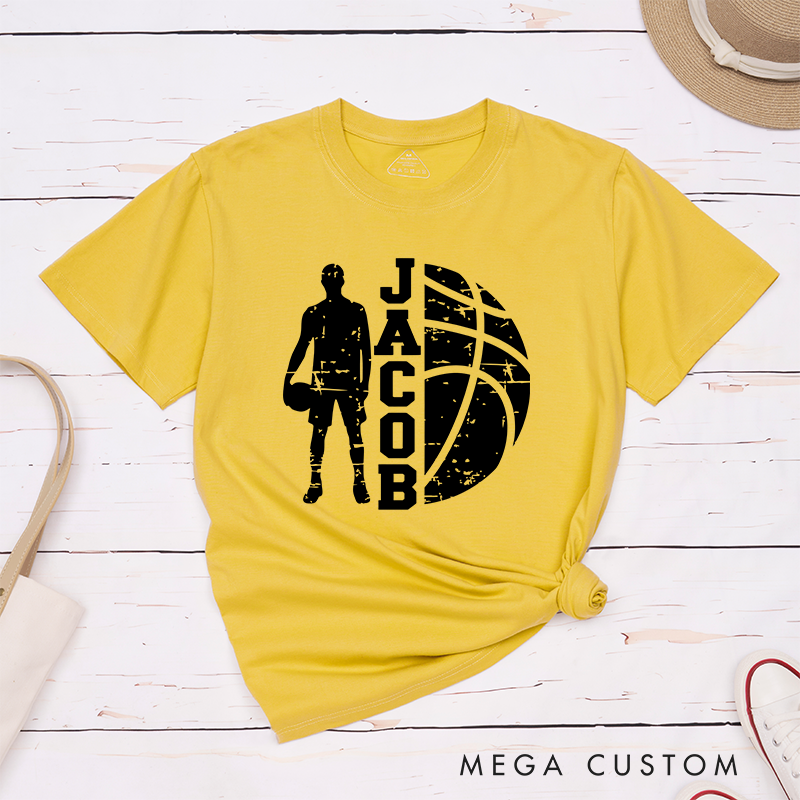 Personalized Basketball T-Shirt Design Featuring Player Silhouette Bold Basketball Graphic and Custom Name for Sports Fans
