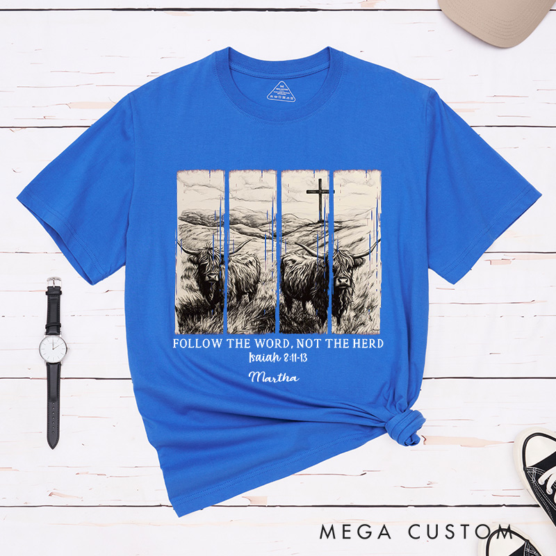 Personalized Follow the Word not the Herd Classic T-Shirt with Name Christian Bible Verse Shirt Religious Gift Faith Gift for Christians