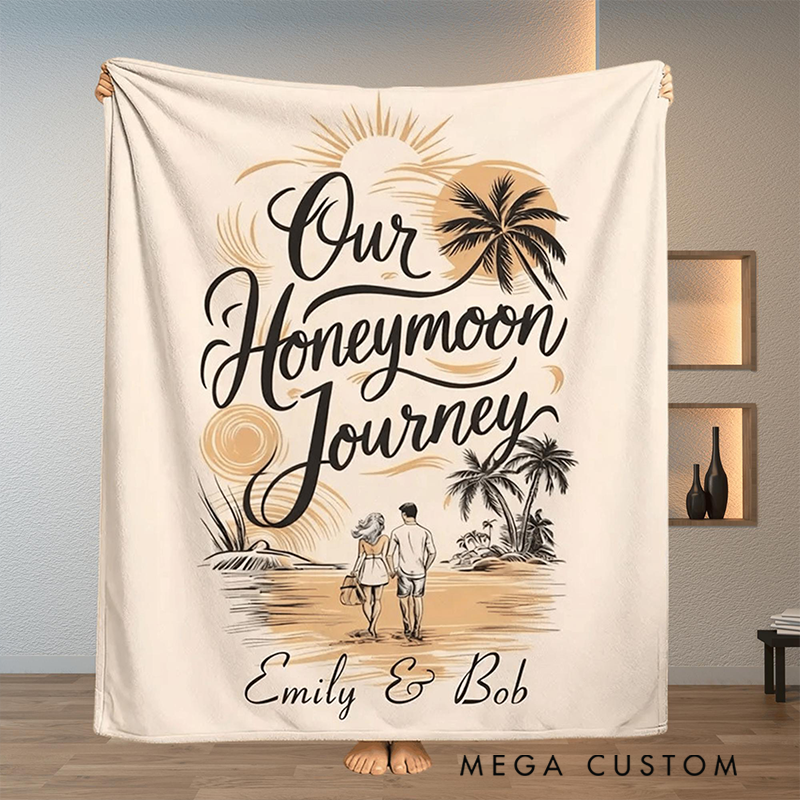 Personalized Our Honeymoon Journey Flannel Blanket Travel Essentials Valentine's Gift for Her Him