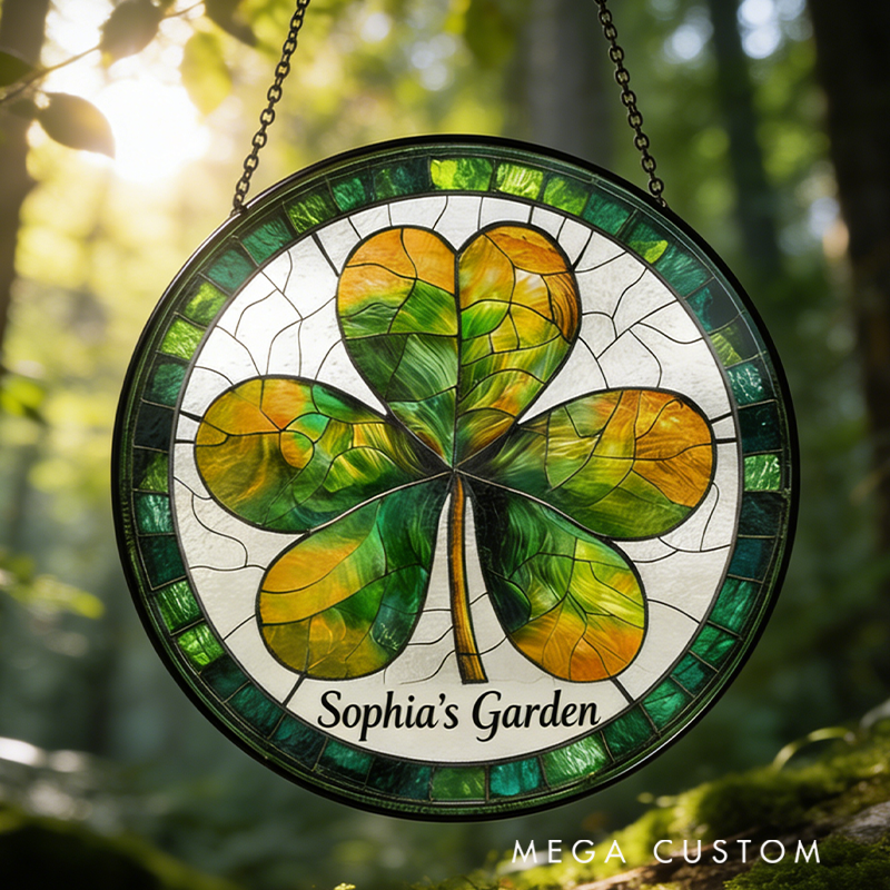 Personalized Irish Shamrock St. Patrick's Day Stained Glass Suncatcher Home Decor with Name for Gardening Lovers Mother's Day Gift