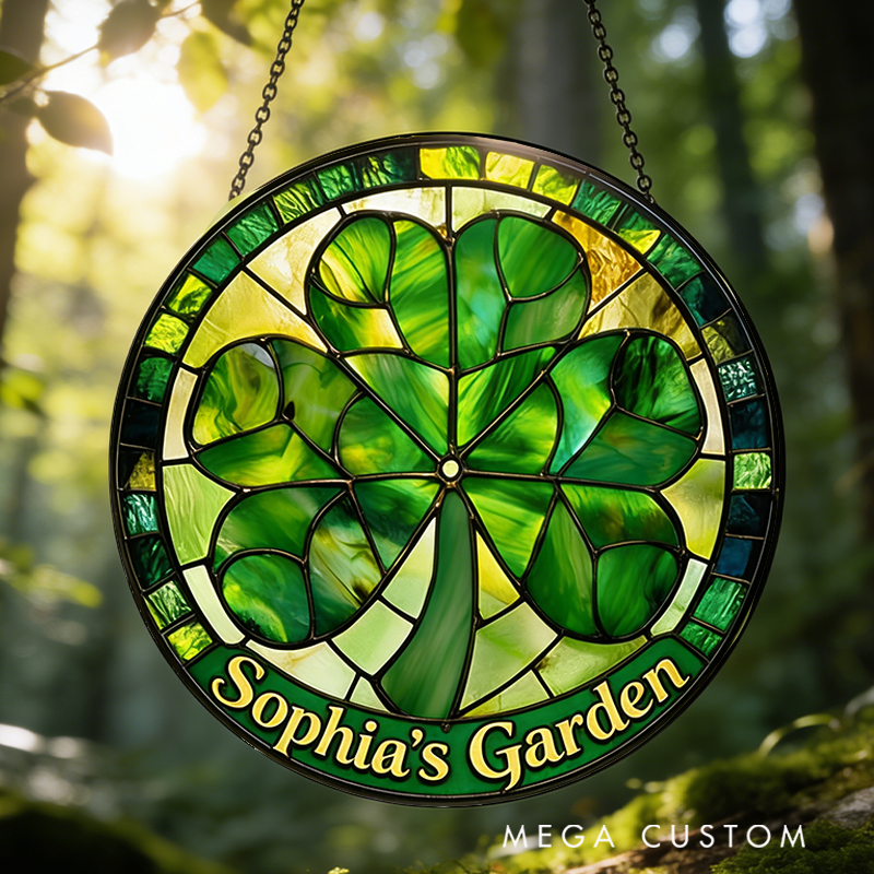 Personalized Shamrock St. Patrick's Day Stained Glass Suncatcher Home Decor with Name for Gardening Lovers Mother's Day Gift