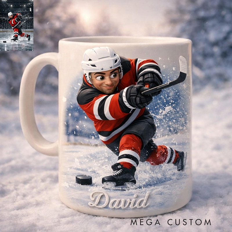 Personalized Ice Hockey Mug with Custom Player Illustration and Name for Ice Hockey Lovers