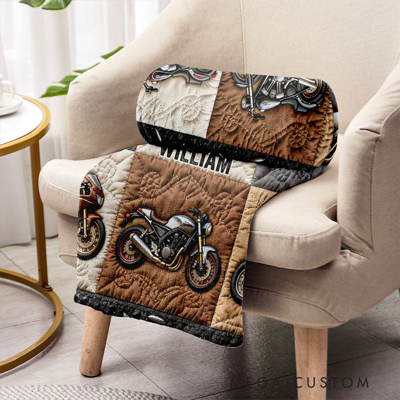 Personalized Biker Gifts Custom Name Motorcycle Blanket Quilted Throw for Men Motorbike Lover Bedding Decor