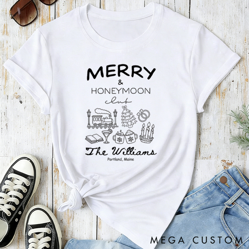 Personalized Merry and Honeymoon Club Classic T-shirts Travel Honeymoon Valentine's Day Crewneck Gift