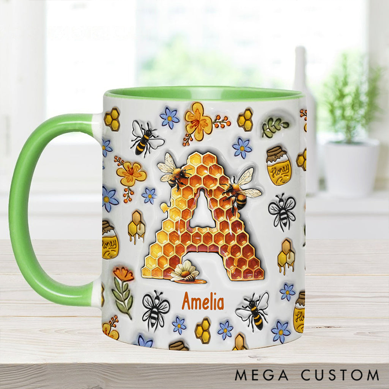 Personalized Stunning Bee Letter Mug Adorned with 3D Tool Embellishments Custom Name Engraved Mug for Avid Garden Lovers