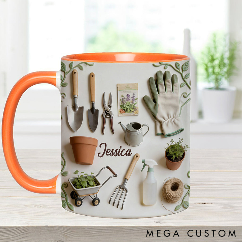 Personalized Love Gardening Mug Adorned with 3D Tool Embellishments Custom Name Engraved Mug for Avid Garden Lovers