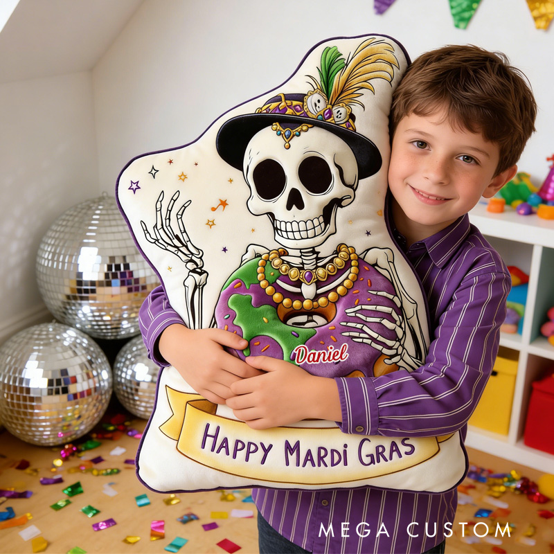 Personalized Mardi Gras King Cake Throw Pillow Graphic 3D Print Skeleton Cake Pillow with Name Mardi Gras Gift for Girl Boy Kids Pillow Baking Lover Gifts