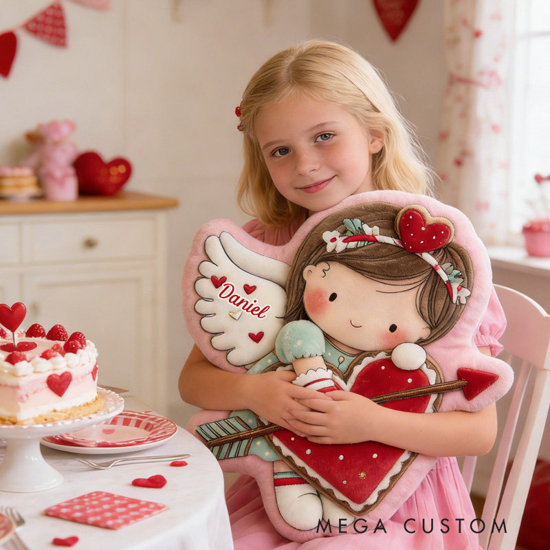 Personalized Cute Cookie Girl Throw Pillow Graphic 3D Print Girl with Red Heart Pillow with Name Valentine's Day Gift for Girl Boy Kids Pillow Baking Lover Gifts