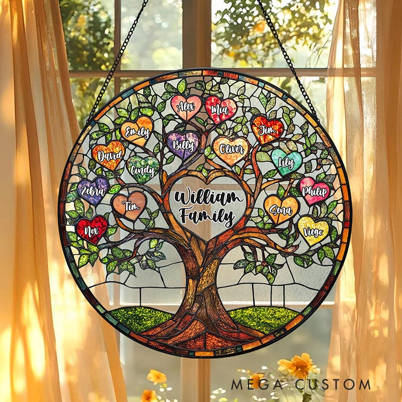 Personalized Family Tree Faux Stained Glass Suncatcher Custom Window Decor Gift for Family