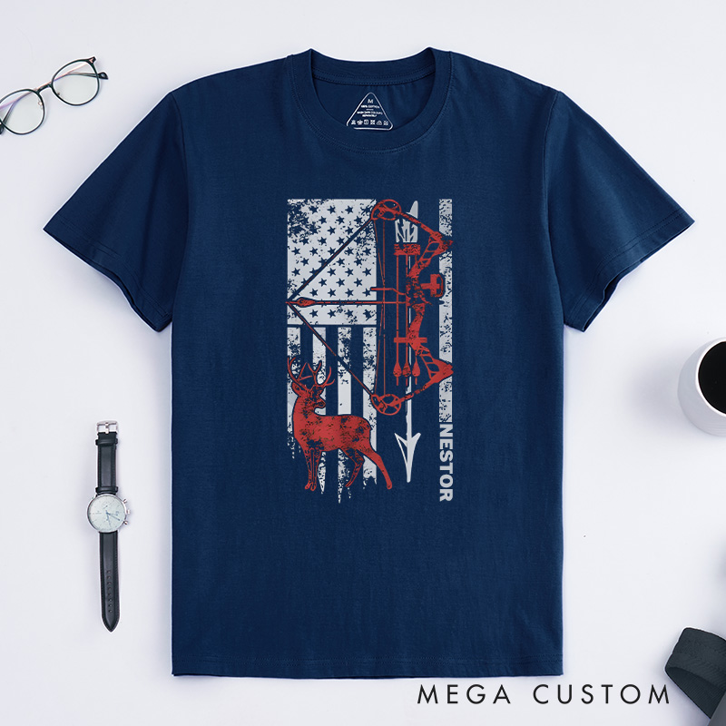 Personalized Patriotic Archery Hunting T-Shirt Bow Hunting Deer Hunters T-Shirt Gift for Outdoor Hunting Lover
