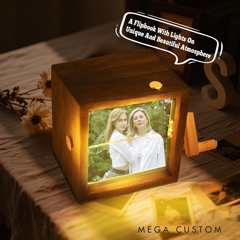 Personalized Photo Flipbook Animation Box Wooden Photo Book with Light Anniversary Birthday Wedding Gift for Mom Unique Gift for Couple Home Decor