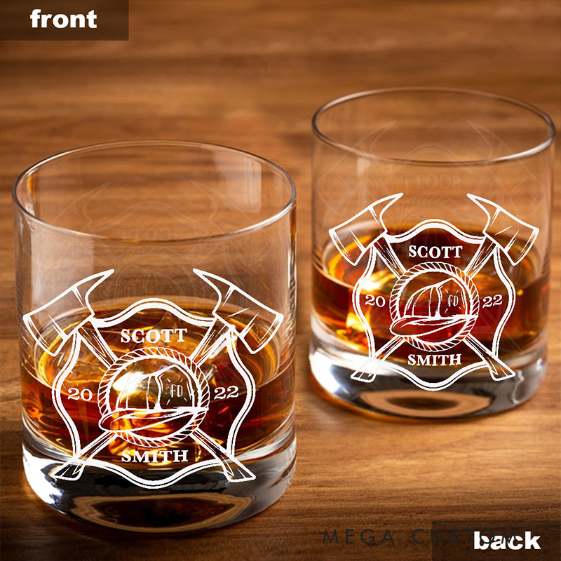 Personalized Firefighter Gifts Custom Name and Year Whiskey Glass Fire Department Maltese Cross Rock Glass for Firemen