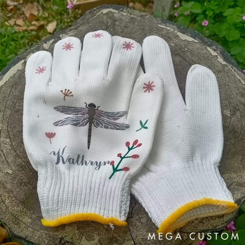 Personalized Name Gardening Gloves Adorned with Delicate Dragonfly & Floral Embroidery: Charming, Practical Gear for Outdoor Enthusiasts