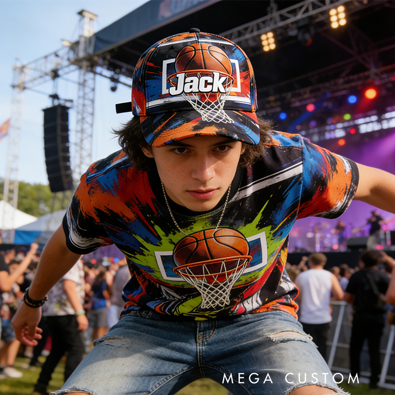 Personalized Basketball Hat with Custom Name and Dynamic Hoop Design for Basketball Enthusiasts