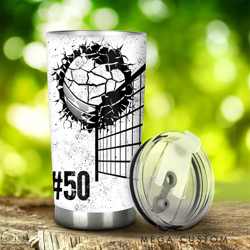 Personalized Volleyball Tumbler Featuring Cracked Volleyball Artwork with Custom Name and Number for Volleyball Fans