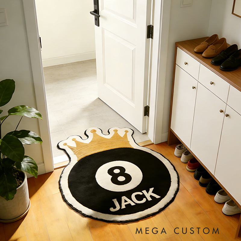 Personalized Billiards Rug with 8-Ball and Regal Crown Design and Custom Name for Pool Enthusiasts