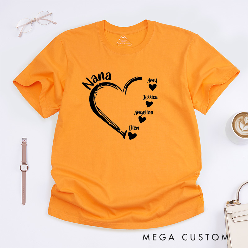 Personalized Nana T-Shirt Custom Heart Design Gift for Grandmother Mother's Day Birthday Comfortable Cotton Shirt for Women Unique Grandma