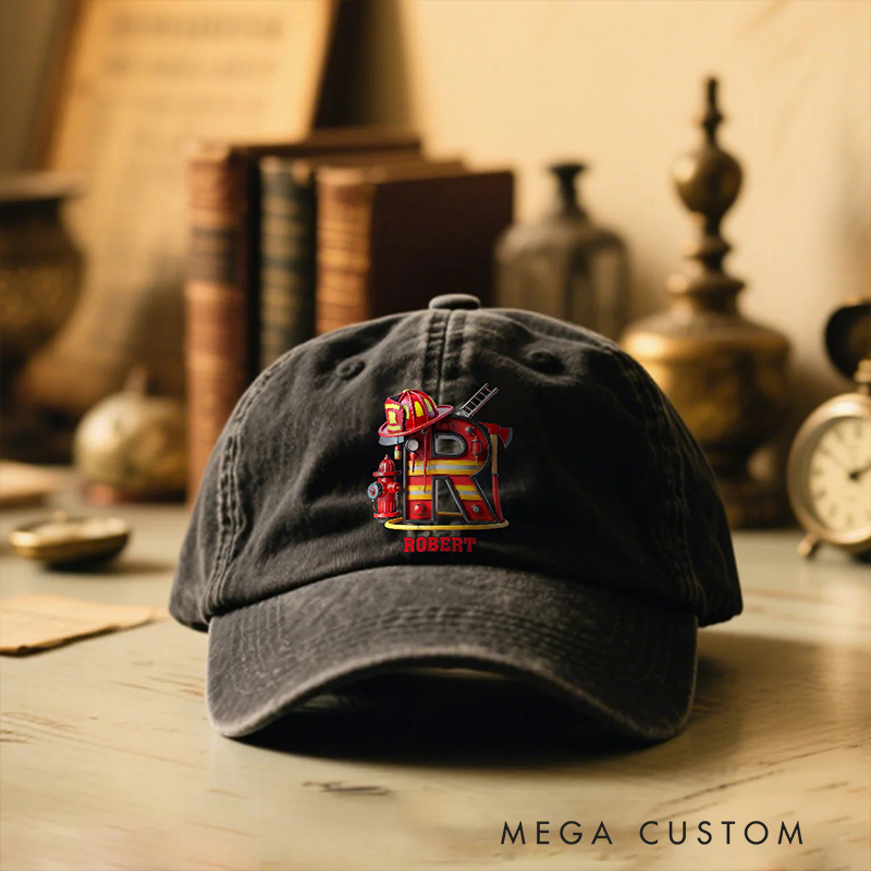 Personalized Firefighter Gifts Custom Name and Initial Alphabet Cap Firefighter Washed Denim Hat Fireman Letter Baseball Cap